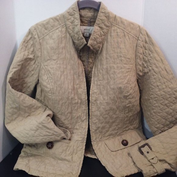 Y2K Merona Diamond Quilted Moto Jacket Women's -M Pockets Full Zip Buckles Tan - Picture 2 of 12